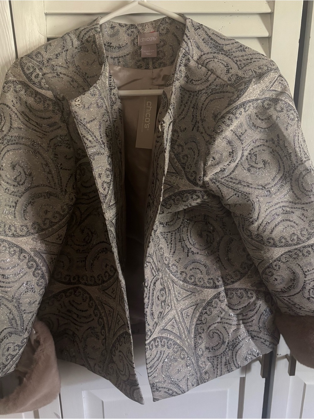 Chico's Metallic Silver-Gray Paisley Open-Front Jacket